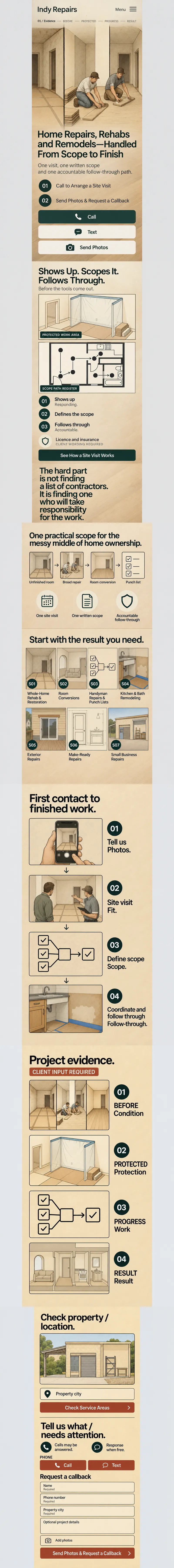 Indy. Repairs, the approved homepage design: Before the Tools Come Out, mobile design