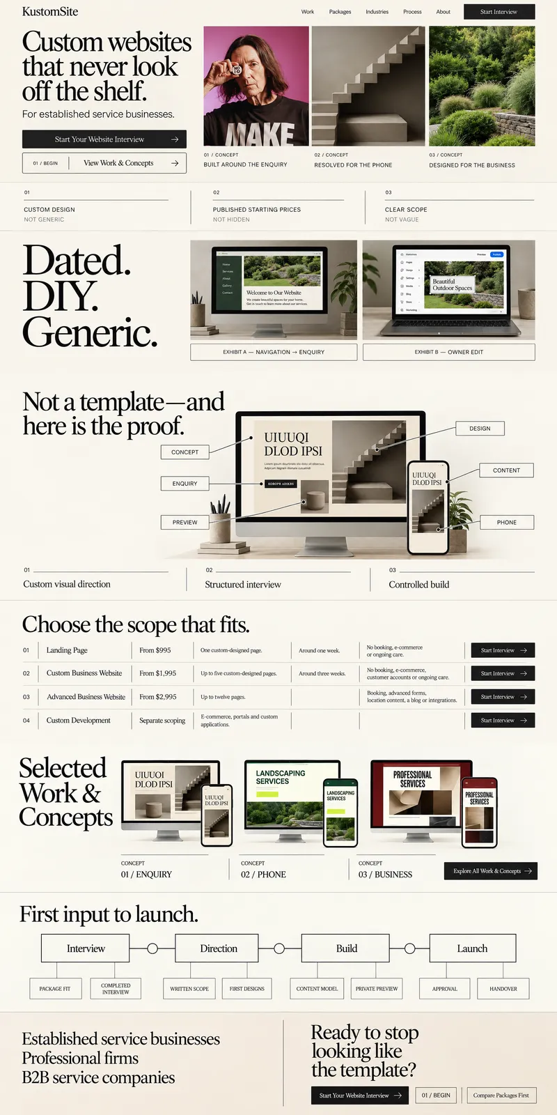KustomSite, the approved homepage design: The Common Baseline, desktop design
